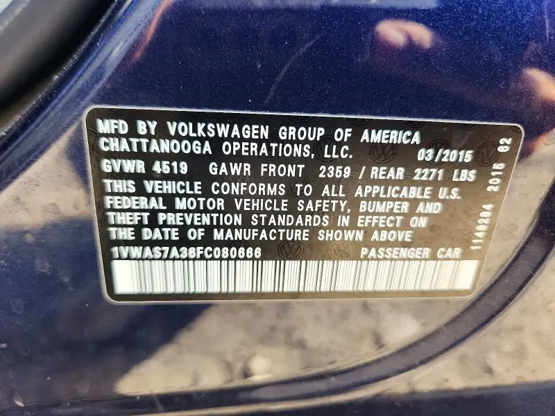 2015 VOLKSWAGEN PASSAT S  
