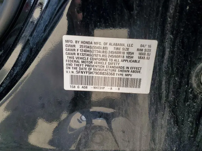2016 HONDA PILOT EXLN   