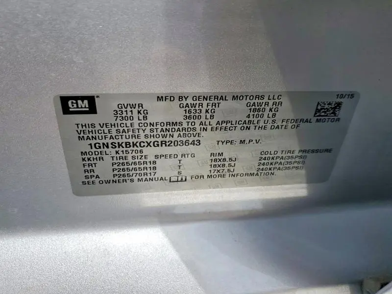 2016 CHEVROLET TAHOE K1500 LT  