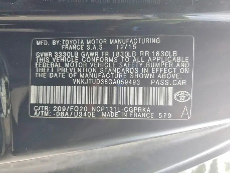 2016 TOYOTA YARIS 3-DOOR L  