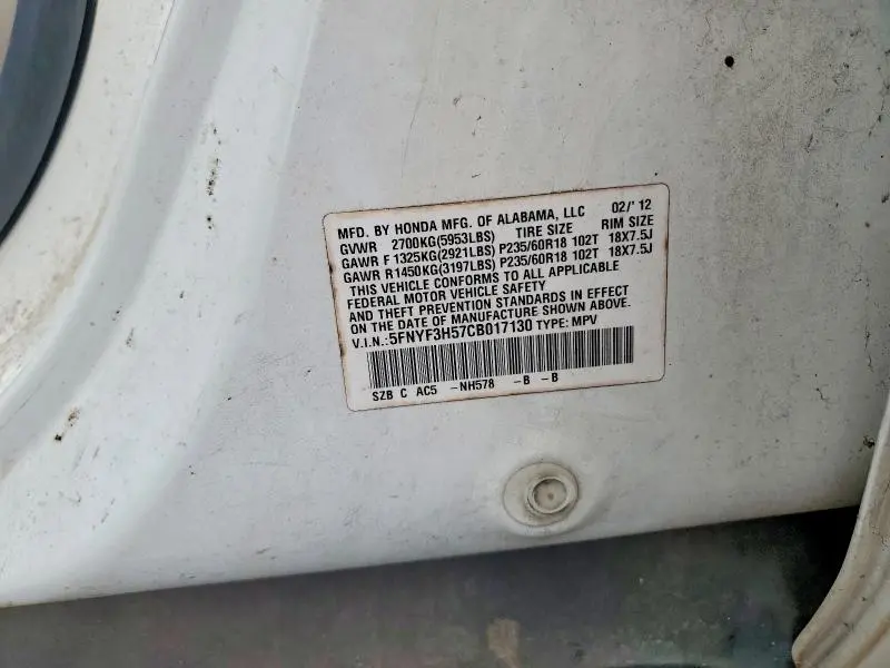 2012 HONDA PILOT EXL  