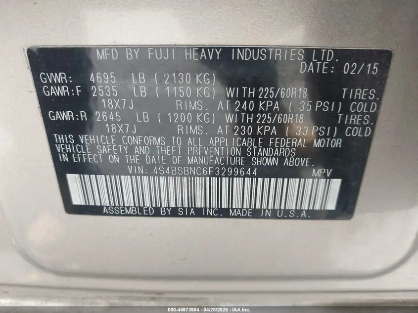 2015 SUBARU OUTBACK 2.5I LIMITED
