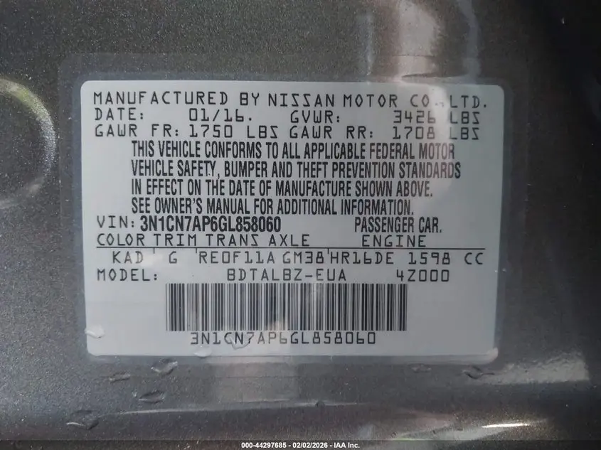 2016 NISSAN VERSA 1.6 S/1.6 S+/1.6 SL/1.6 SV