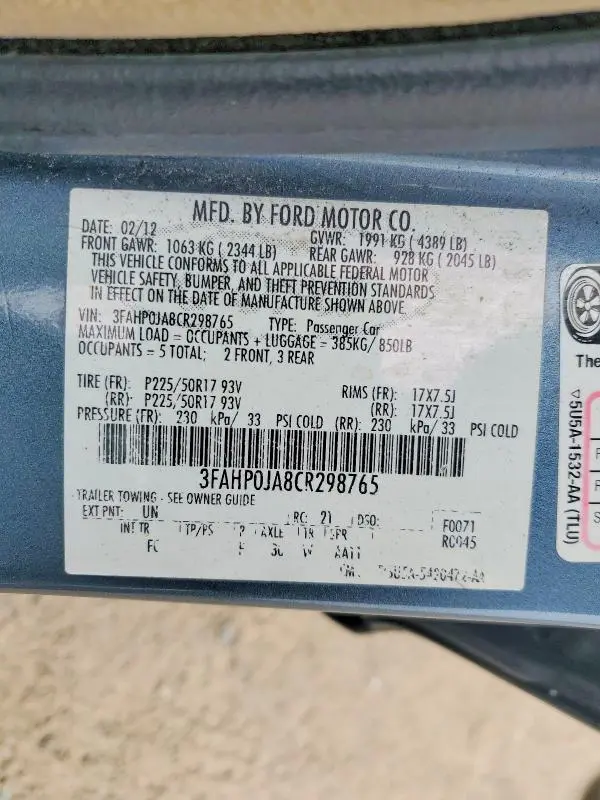 2012 FORD FUSION SEL  