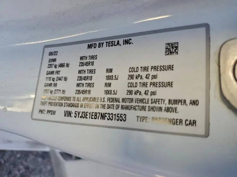 2022 TESLA MODEL 3   
