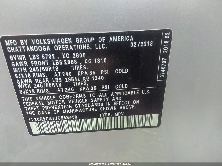 2018 VOLKSWAGEN ATLAS 3.6L V6 SE