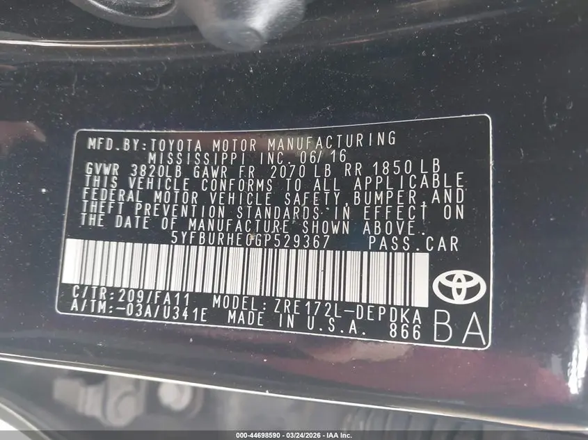 2016 TOYOTA COROLLA L
