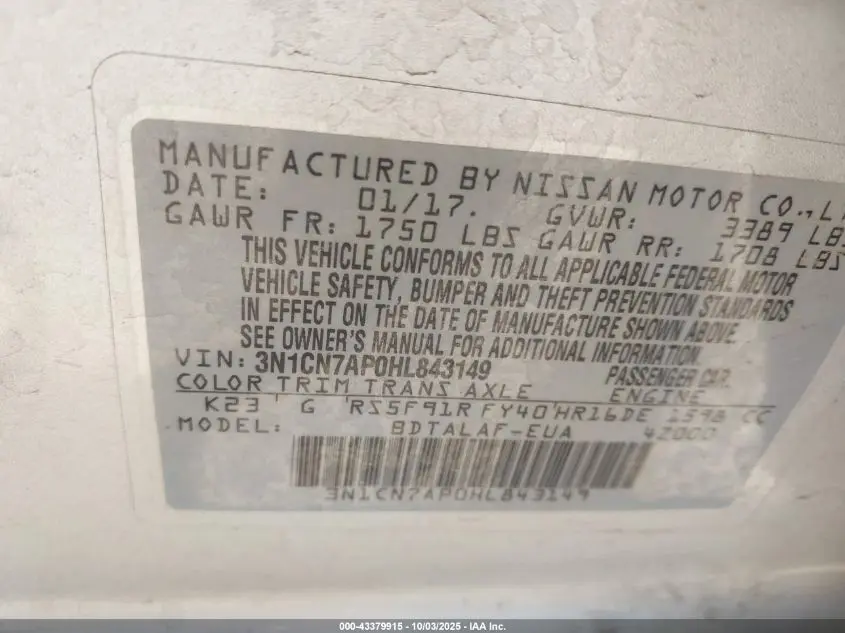 2017 NISSAN VERSA 1.6 S