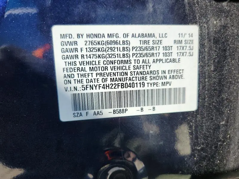 2015 HONDA PILOT LX  