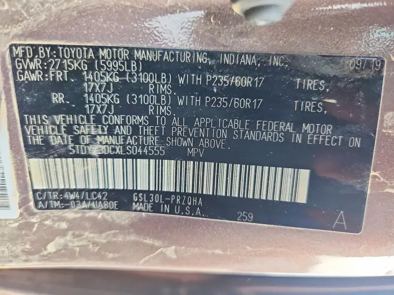 2020 TOYOTA SIENNA XLE 8-PASSENGER  