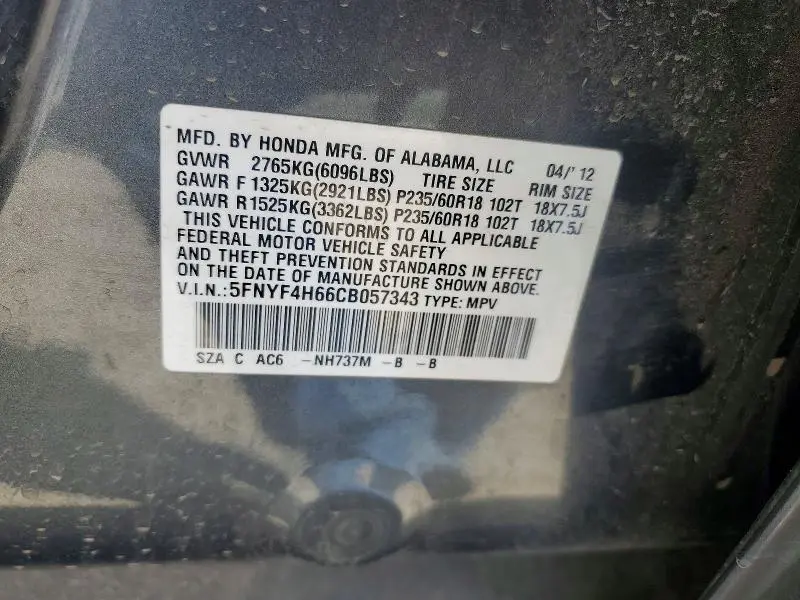 2012 HONDA PILOT EXL  