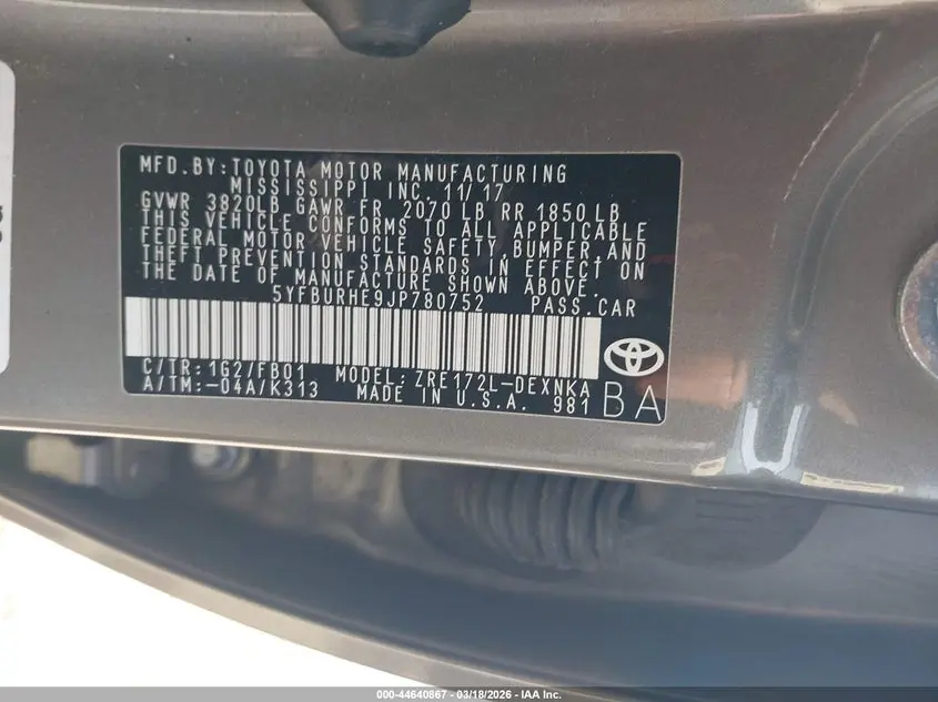 2018 TOYOTA COROLLA LE