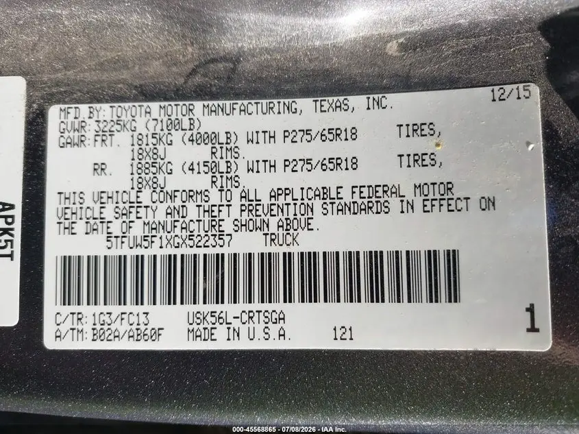 2016 TOYOTA TUNDRA SR5 5.7L V8