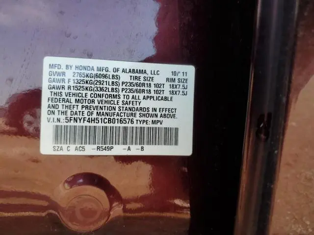 2012 HONDA PILOT EXL  
