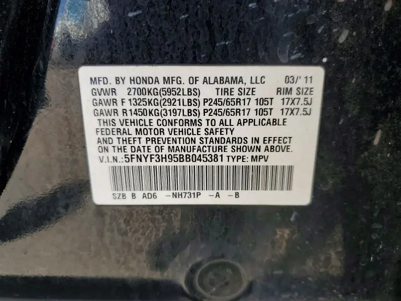 2011 HONDA PILOT TOURING  