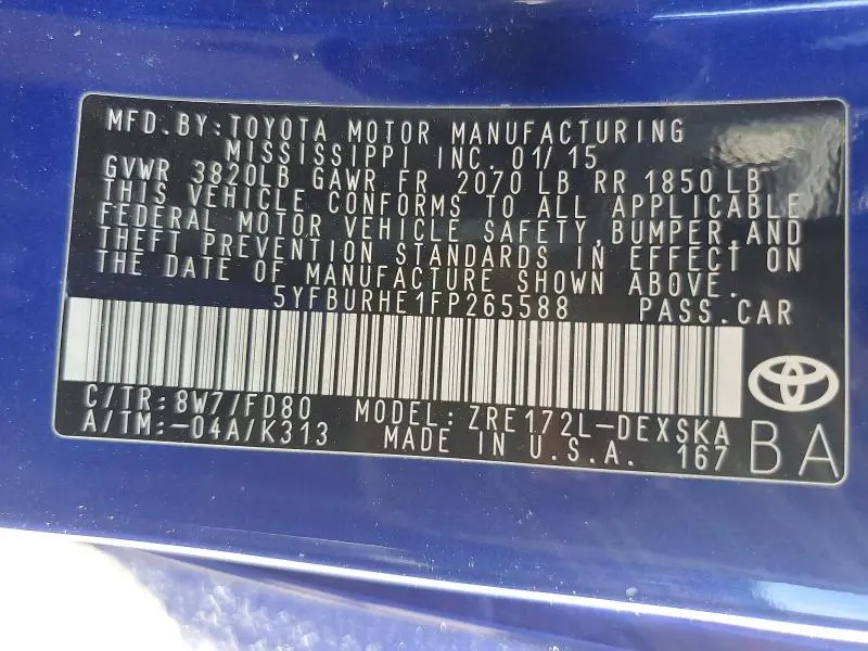 2015 TOYOTA COROLLA S PLUS  