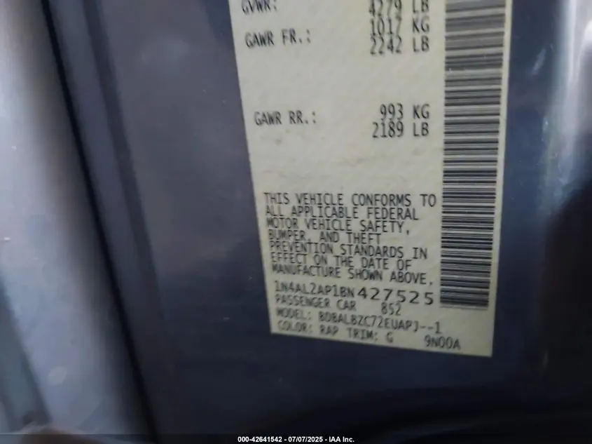 2011 NISSAN ALTIMA 2.5 S