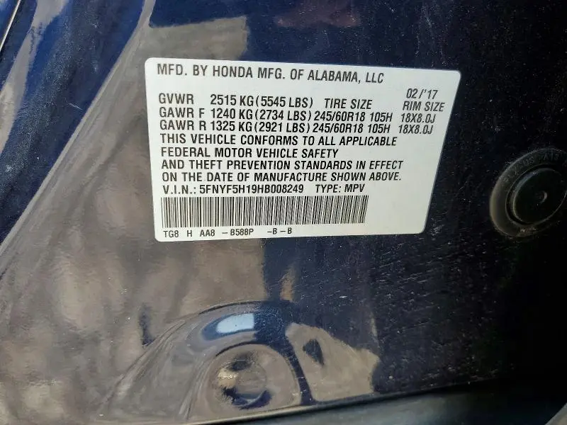 2017 HONDA PILOT LX  