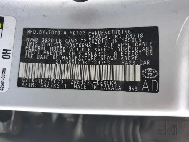 2019 TOYOTA COROLLA L  