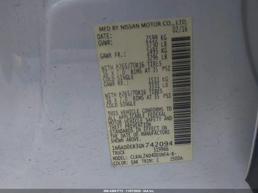 2016 NISSAN FRONTIER SV