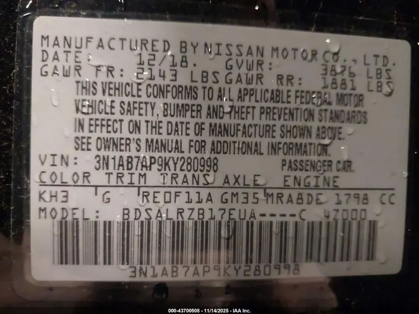 2019 NISSAN SENTRA SR