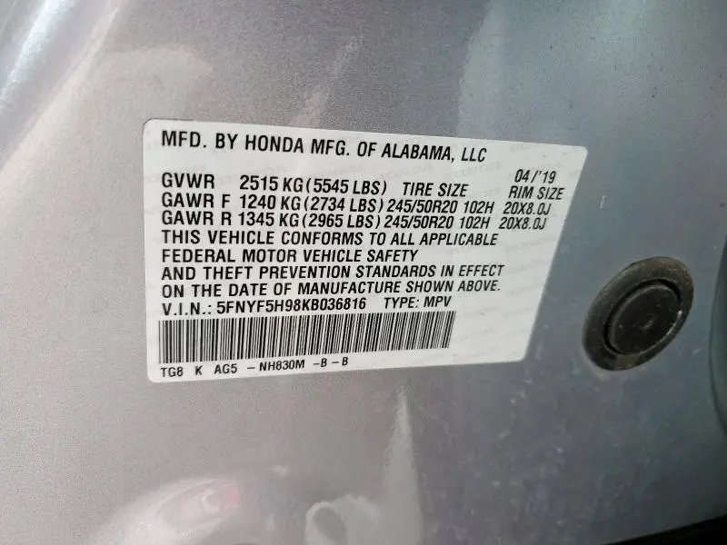 2019 HONDA PILOT TOURING  