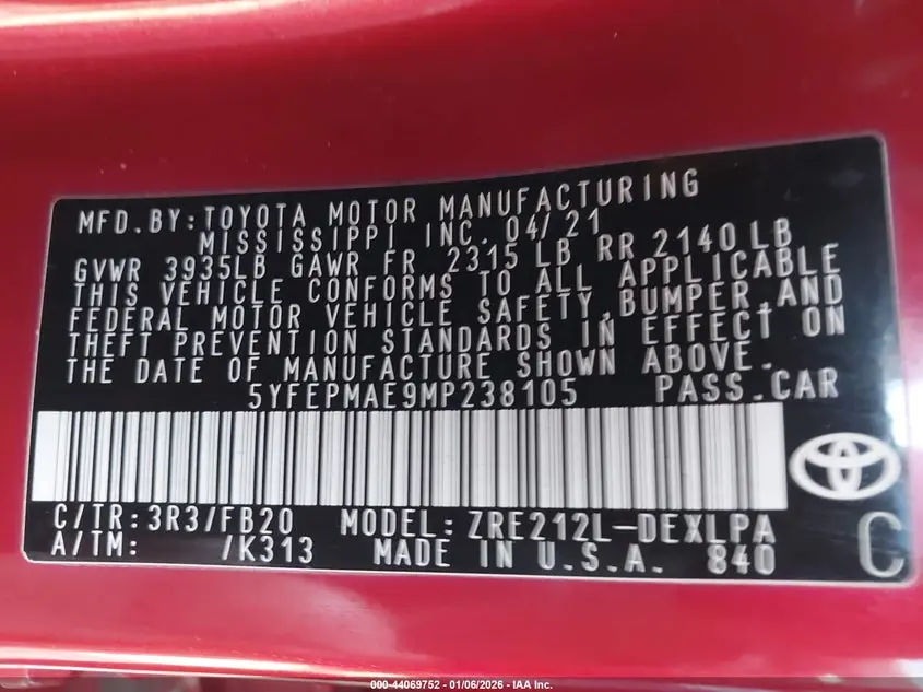 2021 TOYOTA COROLLA LE