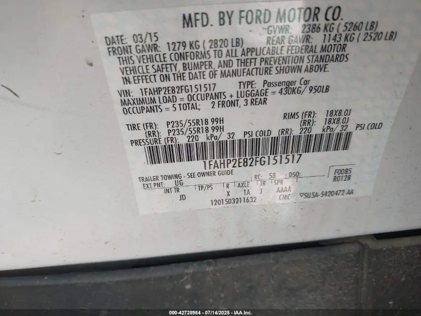 2015 FORD TAURUS SEL