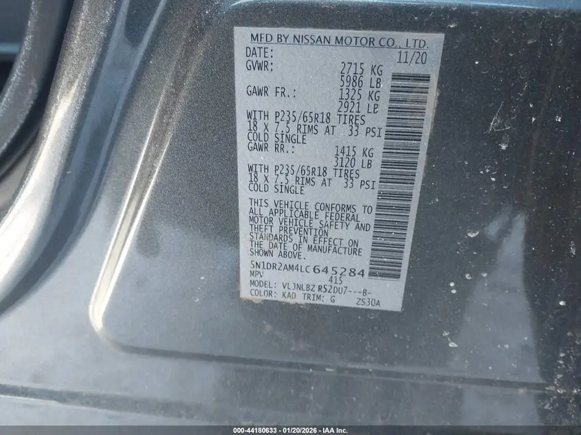 2020 NISSAN PATHFINDER S 4WD