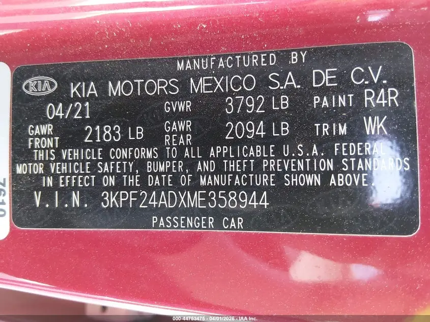 2021 KIA FORTE LXS