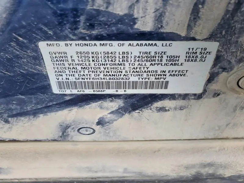 2020 HONDA PILOT EX  