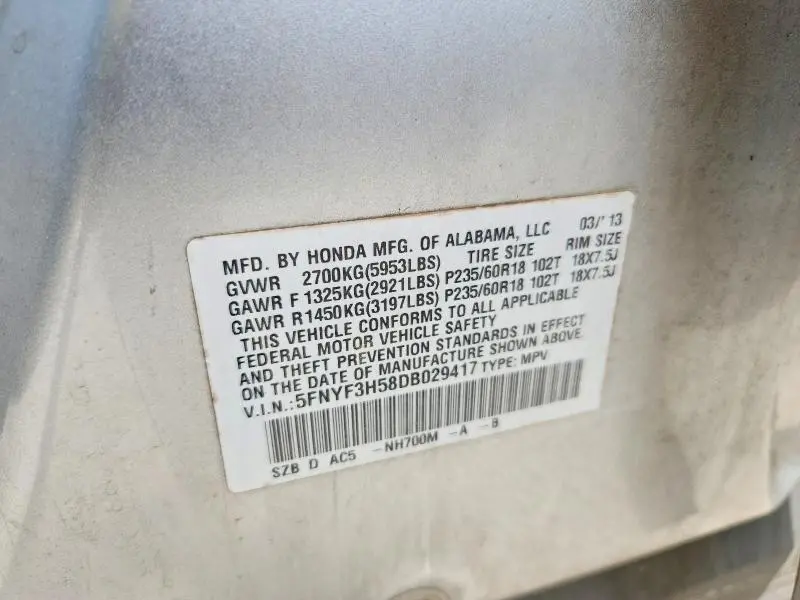 2013 HONDA PILOT EXL  