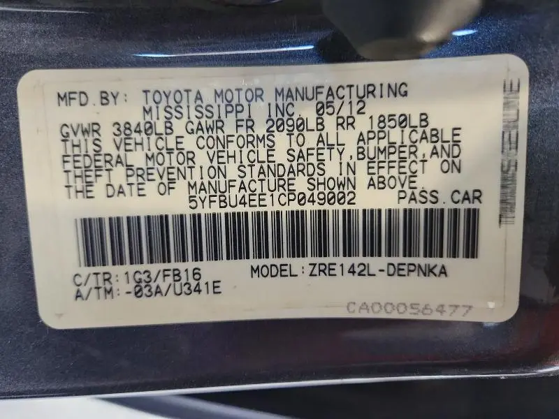2012 TOYOTA COROLLA LE  
