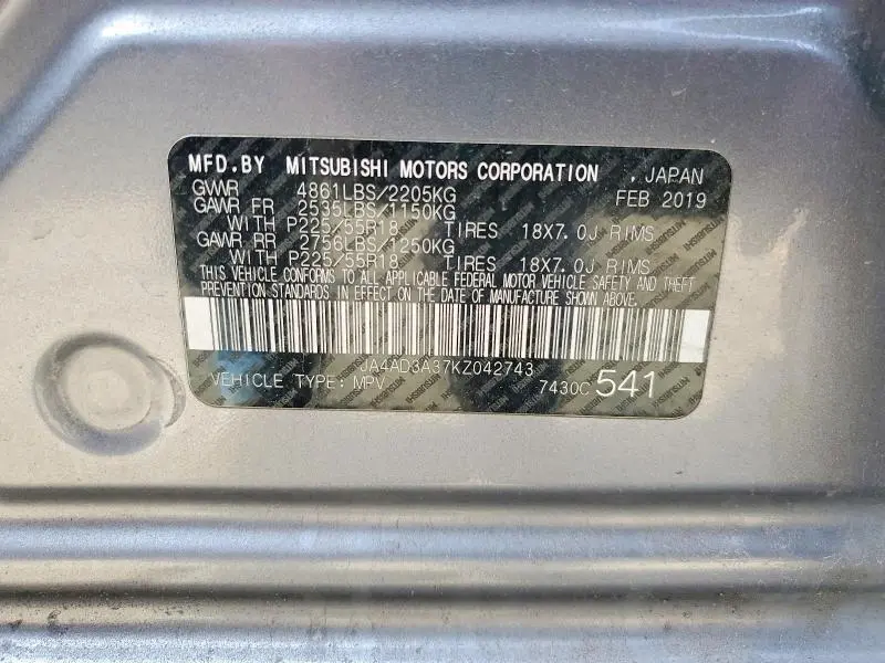 2019 MITSUBISHI OUTLANDER   