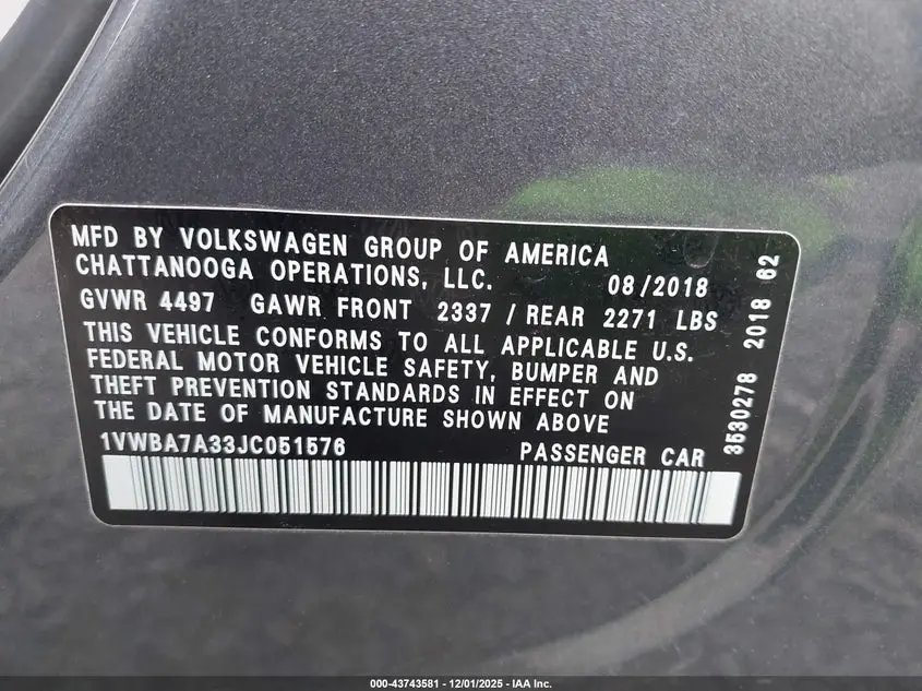 2018 VOLKSWAGEN PASSAT 2.0T SE