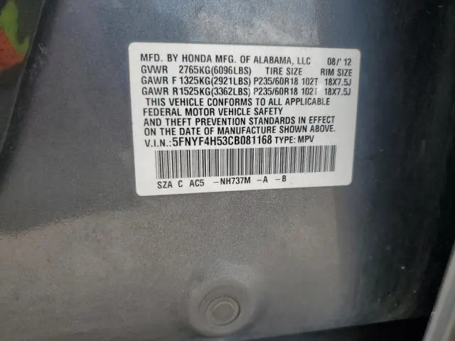 2012 HONDA PILOT EXL  