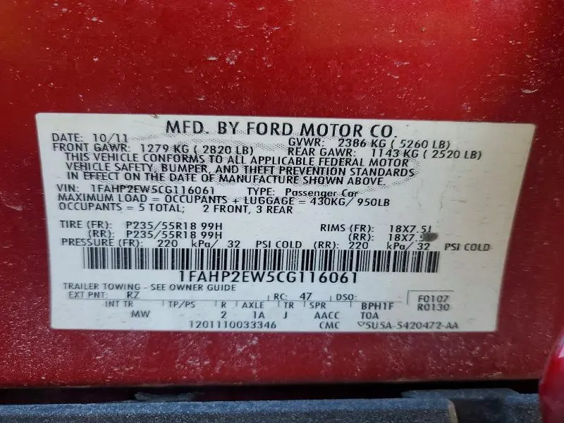 2012 FORD TAURUS SEL  