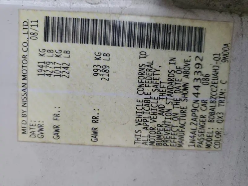 2012 NISSAN ALTIMA BASE  