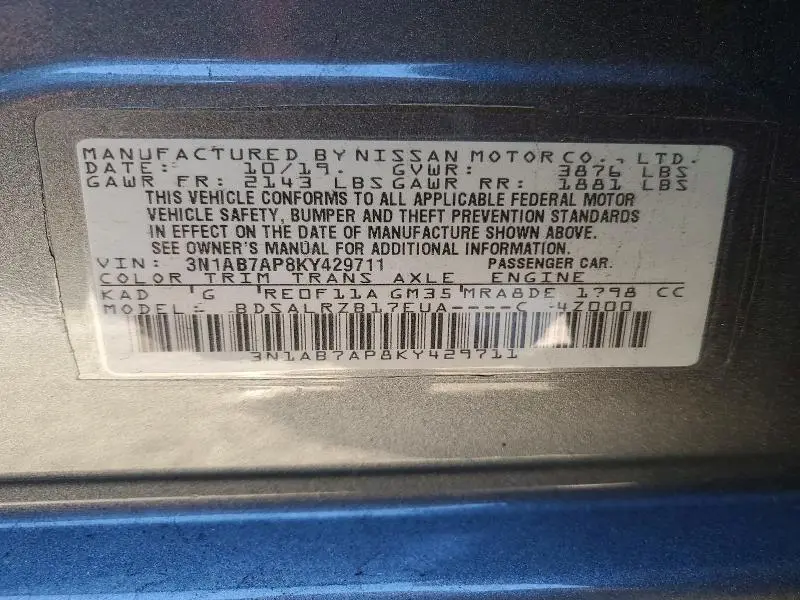2019 NISS SENTRA SR   
