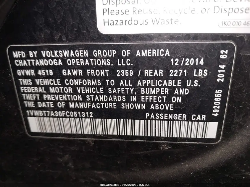 2015 VOLKSWAGEN PASSAT 1.8T SE