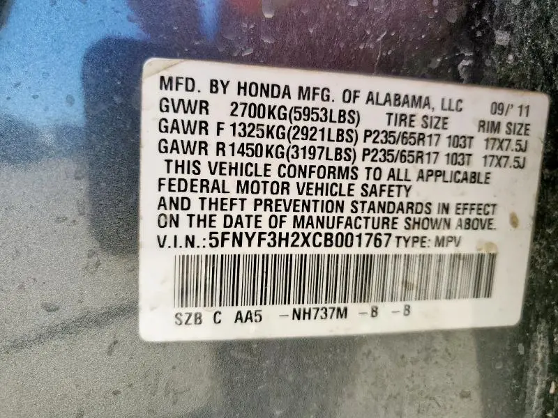 2012 HONDA PILOT LX