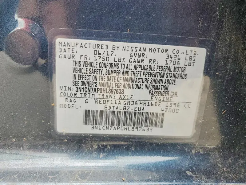 2017 NISSAN VERSA 1.6 SV  