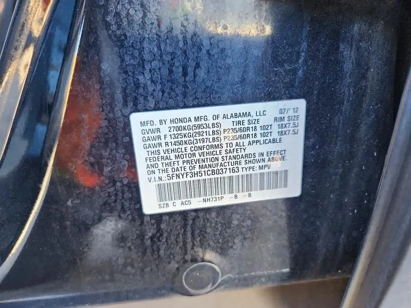 2012 HONDA PILOT EXL  