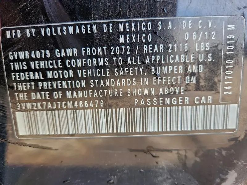 2012 VOLKSWAGEN JETTA BASE  