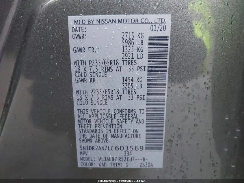 2020 NISSAN PATHFINDER S 2WD