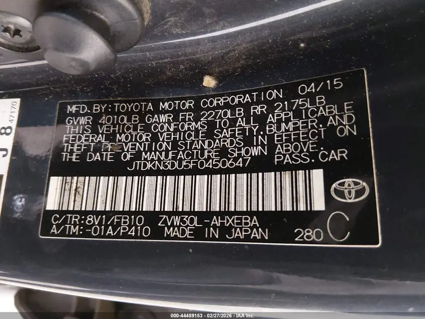 2015 TOYOTA PRIUS TWO