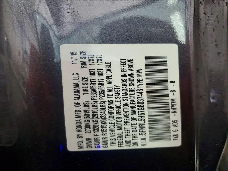 2016 HONDA ODYSSEY EXL  