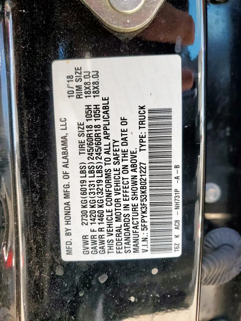 2019 HONDA RIDGELINE RTL  