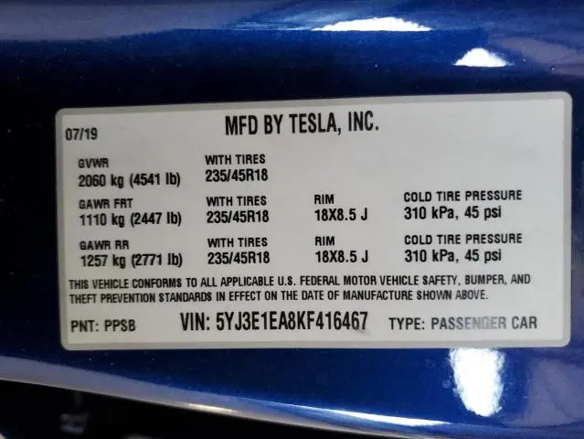 2019 TESLA MODEL 3 