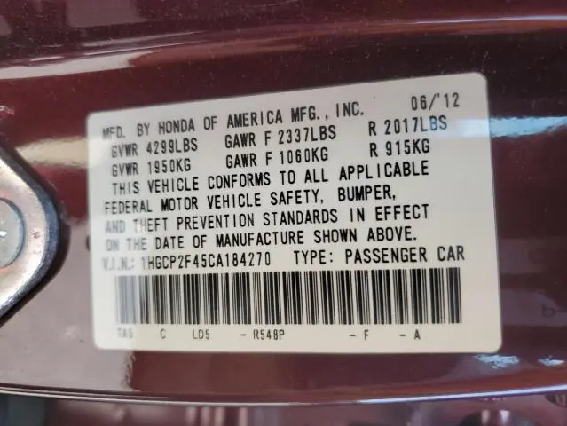 2012 HONDA ACCORD LXP  